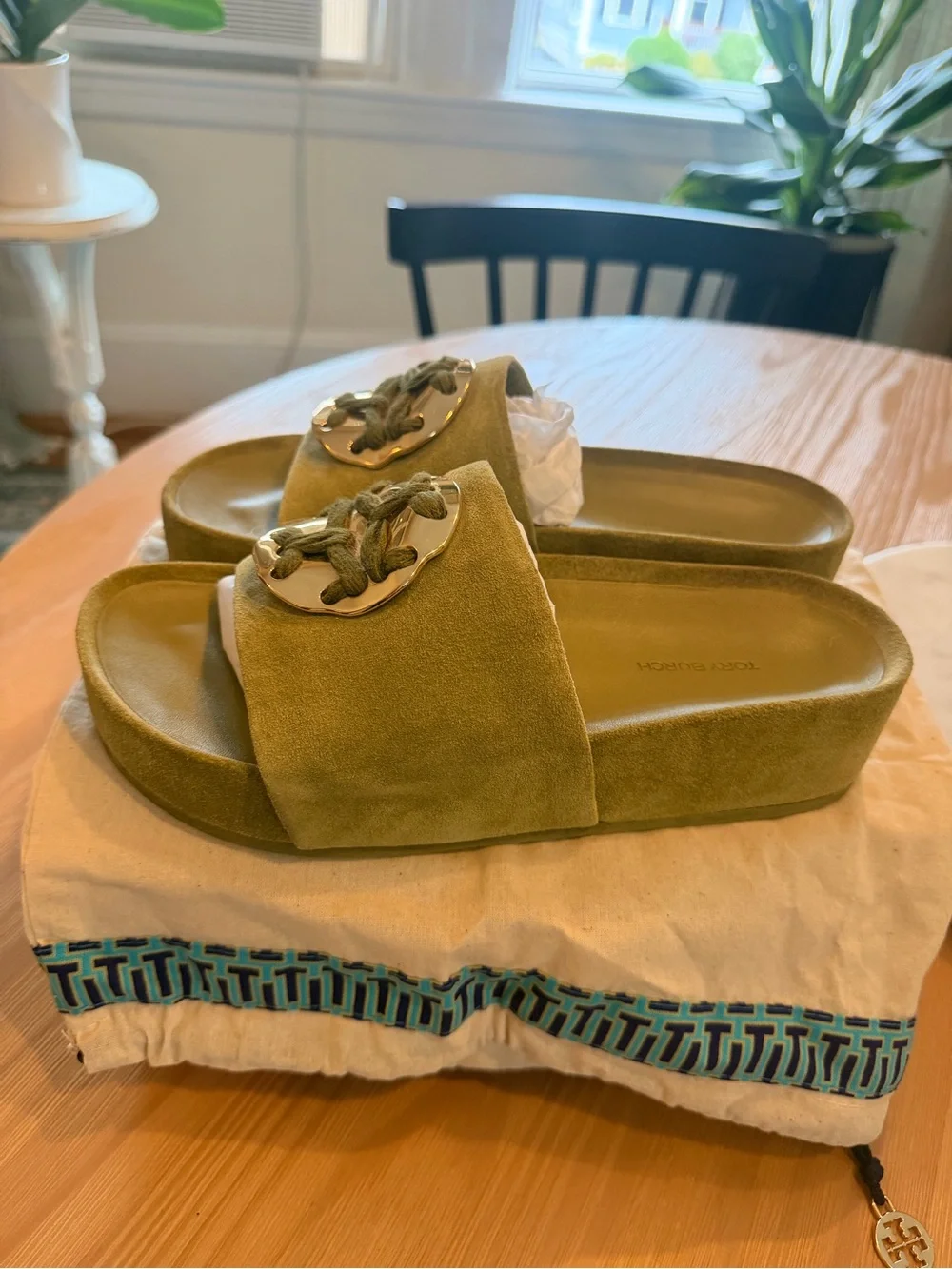 Tory Burch Olive Suede Slide Mules with Gold Logo Disk